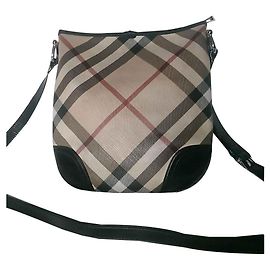 Bolsa de ombro Burberry Supernova em lona marrom e couro verniz preto Marrom Preto