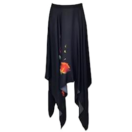 Autre Marque-Prabal Gurung Black Multi Floral Printed Asymmetric Hem Silk Midi Skirt-Black
