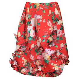 Autre Marque-Simone Rocha Red Multi Flower Applique Floral Printed Satin Skirt-Red