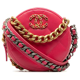Chanel-Chanel Rosa 19 Clutch redondo de piel de cordero con cadena-Rosa