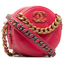 Chanel-Chanel Rosa 19 Clutch redondo de piel de cordero con cadena-Rosa