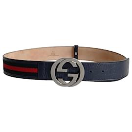 Gucci-Gucci Web palladium belt in blue leather and canvas-Blue