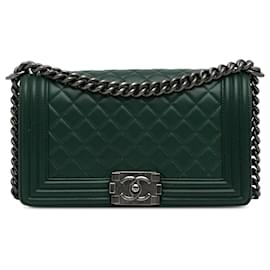 Chanel-Chanel Green Medium Lambskin Boy Flap Bag-Green,Dark green