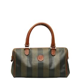 Fendi-Fendi Pequin Boston Bag Sac à main en toile 259022 en bon état-Marron