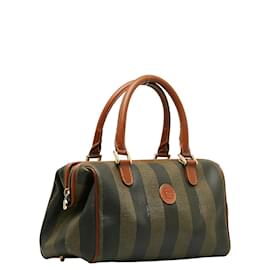 Fendi-Fendi Pequin Boston Bag Sac à main en toile 259022 en bon état-Marron