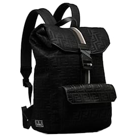 Fendi-Fendi Black Zucca Buckle Flap Backpack-Black