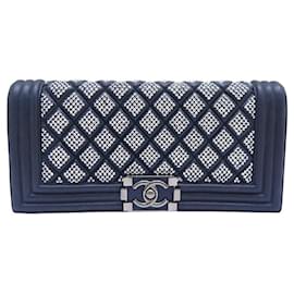 Chanel-SAC A MAIN CHANEL POCHETTE BOY STRASS SWAROVSKI CUIR BLEU BLUE POUCH CLUTCH BAG-Bleu Marine