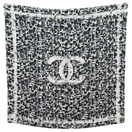 Chanel-FOULARD CHANEL LOGO CC DECORS FACON TWEED NOIR ET BLANC CARRE 90 SOIE SCARF-Noir