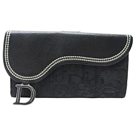 Christian Dior-CHRISTIAN DIOR SADDLE WALLET LEATHER AND BLACK EMBROIDERED OBLIQUE CANVAS WALLET-Black