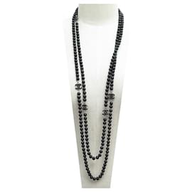 Chanel-COLLAR CHANEL COLLAR DE PERLAS NEGRAS Y LOGO CC DE PLATA 200 collar de perlas-Negro