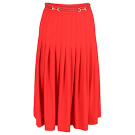 Gucci-Gucci Horsebit Pleated Midi Skirt in Red Wool-Red