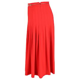 Gucci-Gucci Horsebit Pleated Midi Skirt in Red Wool-Red