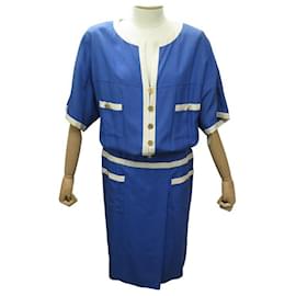 Chanel-VINTAGE CHANEL DRESS WITH CC LOGO BUTTONS 23945 l 42 IN BLUE SILK SILK DRESS-Blue