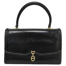 Hermès-VINTAGE HERMES HANDBAG ANCHOR CHAIN CLASP LEATHER BOX BLACK LEATHER HAND BAG-Black