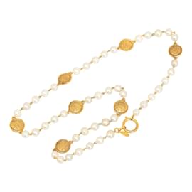Chanel-Faux Pearl CC Medallion Bead Strand Necklace-Golden