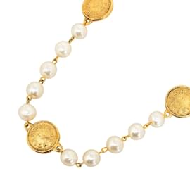 Chanel-Faux Pearl CC Medallion Bead Strand Necklace-Golden