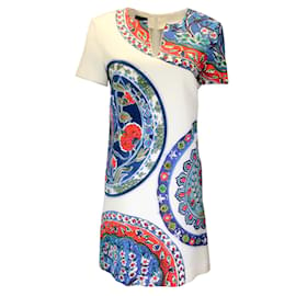 Autre Marque-Escada Ivory / Blue Multi Printed Short Sleeved Jacquard Dress-Multiple colors