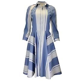 Autre Marque-Monse Blue / White Striped Long Sleeved Button-down Cotton Shirtdress-Blue