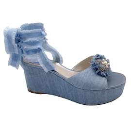 Autre Marque-Rene Caovilla Blue Embellished Denim Ankle Wrap Platform Sandals-Blue