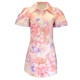 Autre Marque-Leo Lin Pink / Lilafarbenes, kurzärmliges Minikleid aus Baumwolle mit buntem Blumenmuster-Pink