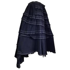 Autre Marque-Comme des Garcons Navy Blue / White Contrast Stitching Frayed Multi-Tiered Cotton Midi Skirt-Blue