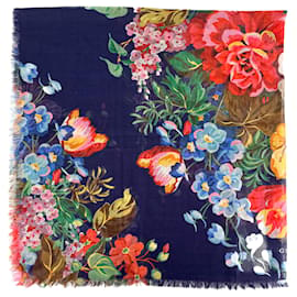 Gucci-GG Flora Print Wool Foulard Navy-Navy blue