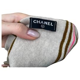 Chanel-Paris- Dallas Chanel beige/brown striped fringed scarf. Tone-on-tone stitching.-Pink,Multiple colors,Beige
