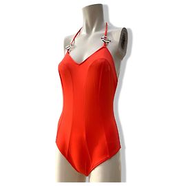Hervorragender Badeanzug von Christian Dior, ein Stück, Knallrote Farbe Rot Orange Monogramm