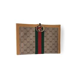 Gucci-Vintage Beige Monogram Wallet Checkbook with Stripes-Beige