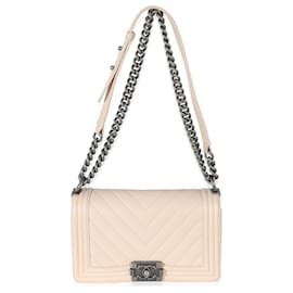 Chanel-Chanel Light Beige Chevron Quilted Caviar Leather Medium Boy Bag-Brown,Beige