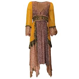 Autre Marque-Ulla Johnson Brown / verde / Vestido midi de seda estampado multicolor en amarillo mostaza-Multicolor
