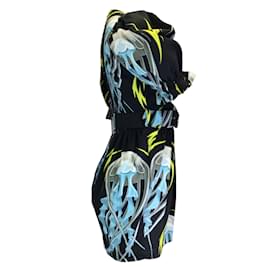 Autre Marque-Marco Bolonia Negro / Minivestido estampado multicolor con cinturón y mangas abullonadas de algodón azul-Negro