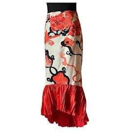Roberto Cavalli-ROBERTO CAVALLI patterned mermaid skirt with white background and red-black colors,-White