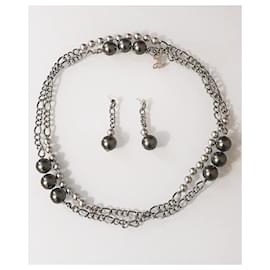 Dolce & Gabbana-DOLCE & GABBANA steel necklace and earrings set with anthracite gray pearls-Silvery