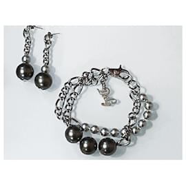 Dolce & Gabbana-Seltenes Set von DOLCE & GABBANA Stahlarmband-Ohrringen mit anthrazitgrauen Steinen-Silber