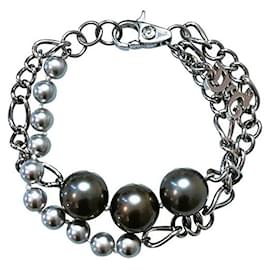 Dolce & Gabbana-scarce, DOLCE & GABBANA steel lined chain bracelet with anthracite gray pearls-Silvery