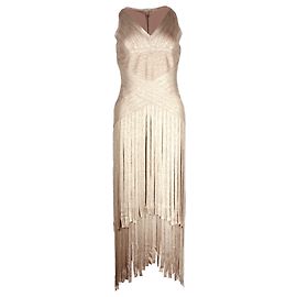 Herve Leger gestuftes Metallic-Midikleid mit Fransen aus goldenem Rayon Golden Metallisch