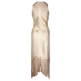 Herve Leger-Herve Leger Tiered Fringed Metallic Midi Dress in Gold Rayon-Golden