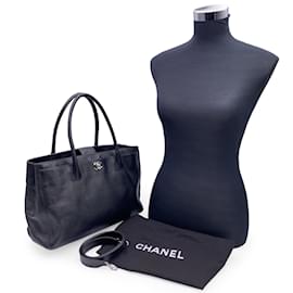 Chanel-2010s Black Pebbled Leather Executive Tote Bag with Strap-Black