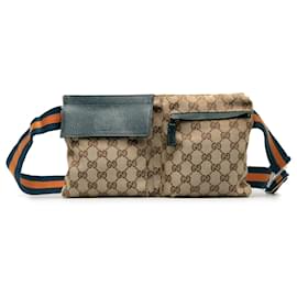 Gucci-Gucci Brown GG Canvas Web Double Pocket Belt Bag-Brown,Other