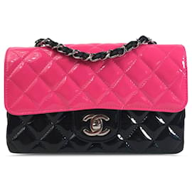 Chanel-Chanel Mini bolsa retangular bicolor rosa com aba de couro envernizado-Outro