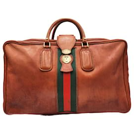Gucci-Gucci Cognac Leather Sherry Ophidia Boston Travel Suitcase Bag-Brown