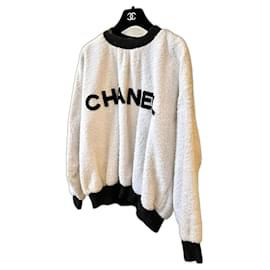 Chanel-Sweat vintage tres rare chanel 90’s en coton bouclettes-Noir,Blanc