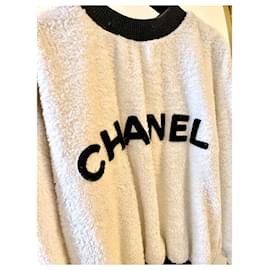 Chanel-Sweat vintage tres rare chanel 90’s en coton bouclettes-Noir,Blanc
