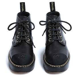 Chanel-Clásico Negro CC y cadenas Zapatos Botas EU38.5-Negro