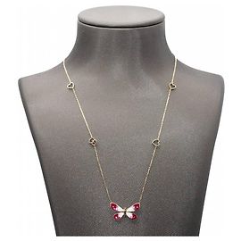 Colar Borboleta GUCCI em Ouro e Esmalte. Rosa Branco Dourado