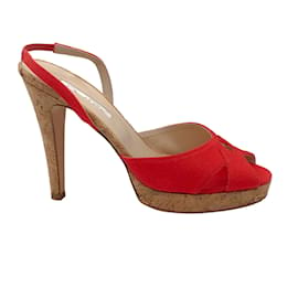 Autre Marque-Oscar de la Renta Red Canvas Cork Heel Slingback Sandals-Red