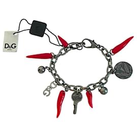 Dolce & Gabbana-Raro bracciale vintage DOLCE & GABBANA acciaio brunito con monete e cornetti rossi portafortuna-Argento