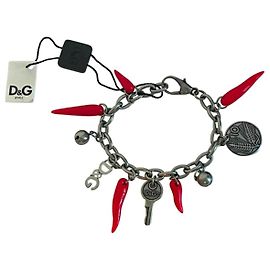 Pulseira rara vintage DOLCE & GABBANA em aço polido com moedas e chifres vermelhos da sorte Prata