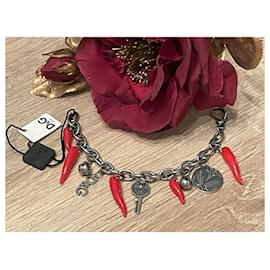 Dolce & Gabbana-Rare bracelet vintage DOLCE & GABBANA en acier bruni avec pièces et cornes porte-bonheur rouges-Argenté
